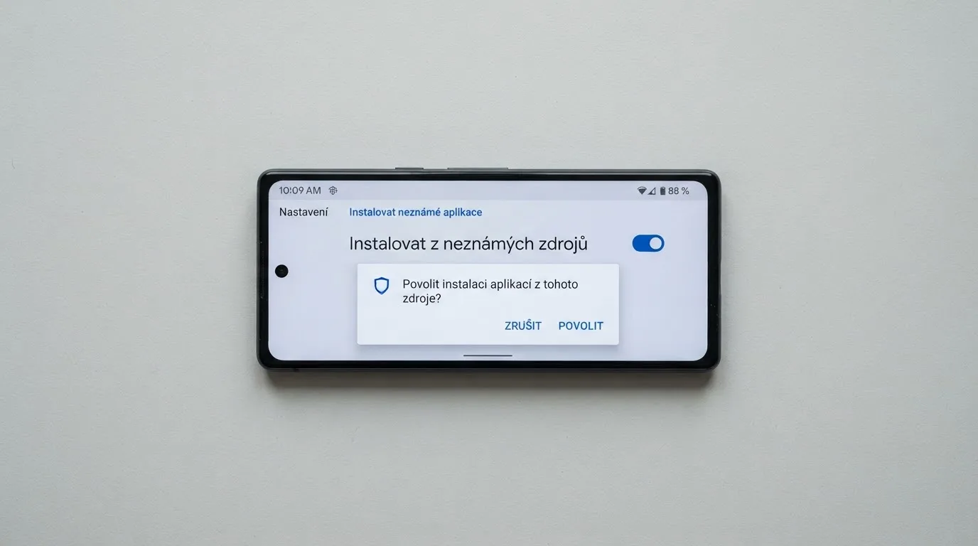 Obrazovka Android telefonu s nastavením „Instalovat z neznámých zdrojů“ a tlačítkem pro potvrzení