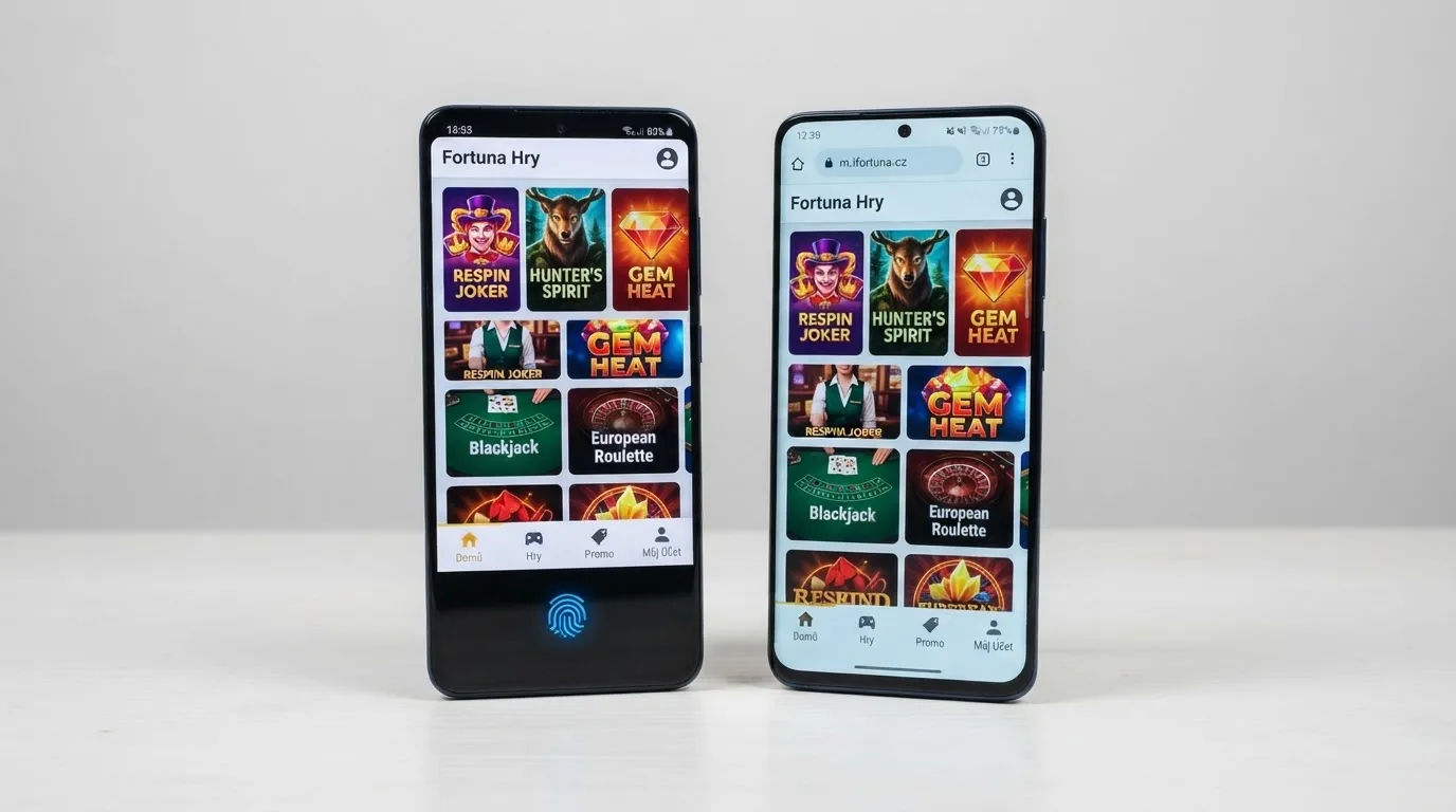 Srovnání dvou mobilních displejů — vlevo nativní APK s biometrickým přihlášením, vpravo PWA přidaná na plochu přes Safari, obě zobrazují stejnou herní knihovnu