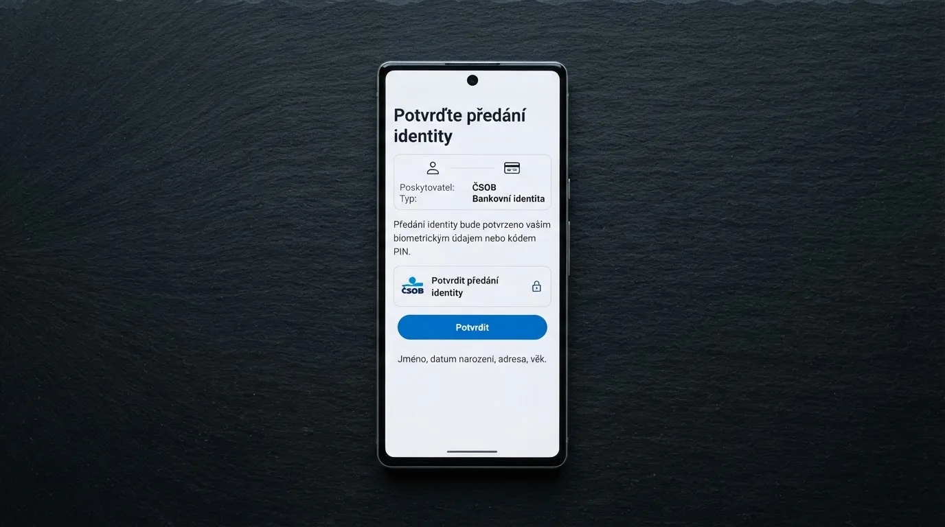 Mobilní telefon zobrazující přihlašovací obrazovku internetového bankovnictví s výzvou k potvrzení předání identity — na pozadí logo Bank iD