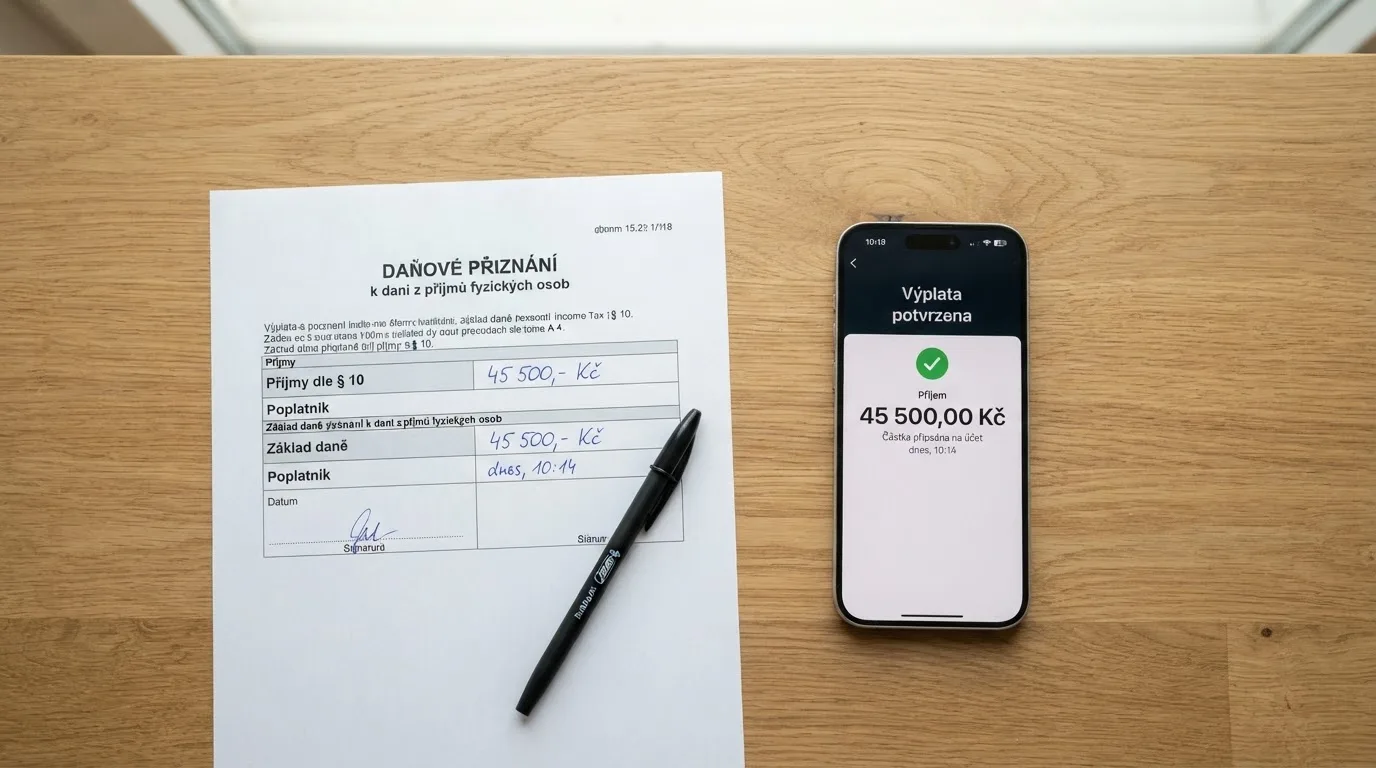 Daňové přiznání na stole vedle výpisu ze zahraničního online casina