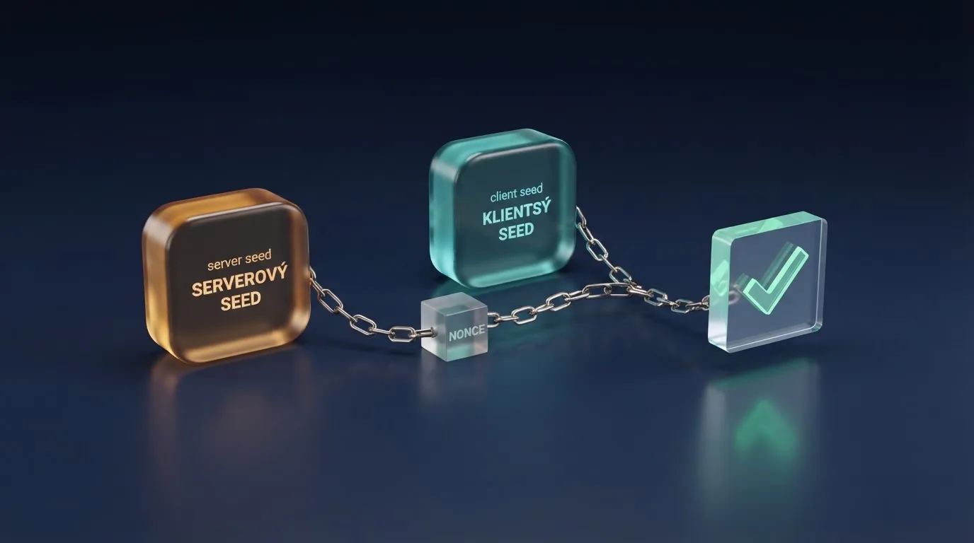Grafické schéma mechanismu provably fair: server seed, klientský seed a nonce generující výsledek hry, který si hráč může zpětně ověřit