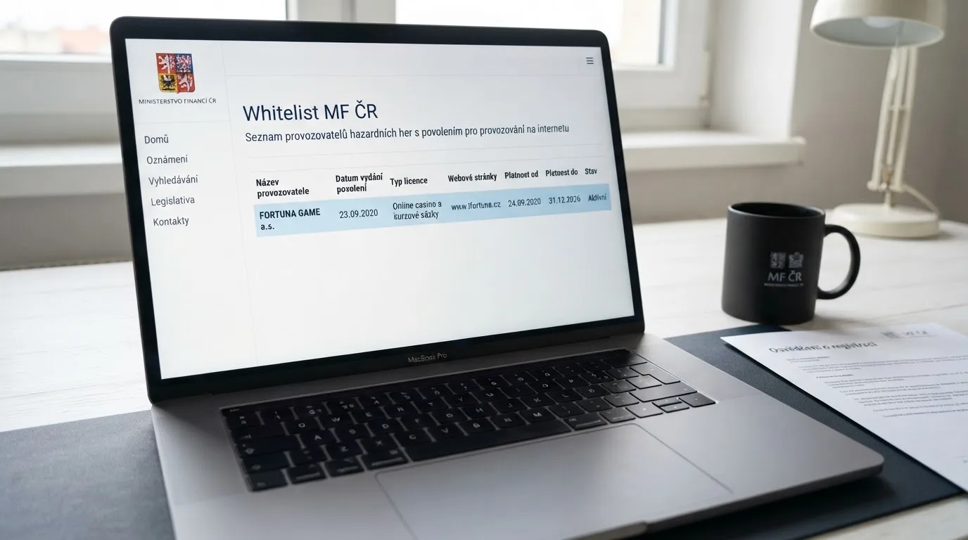 Detail výpisu z veřejného registru MF ČR se zvýrazněným názvem provozovatele, datem licence a doménou .cz
