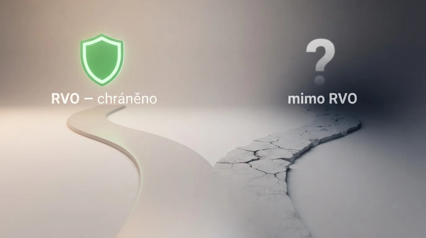 Rozcestník dvou cest — vlevo logo MF ČR a česká licence s nápisem „RVO — chráněno“, vpravo otazník a nápis „mimo RVO“