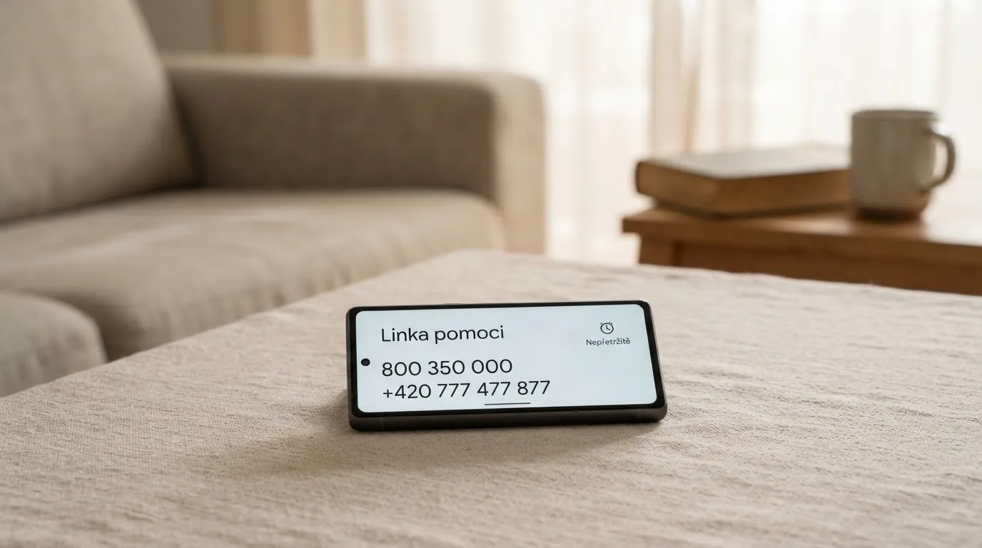 Telefon zobrazující kontakt na linku pomoci pro hráče hazardních her — čísla 800 350 000 a +420 777 477 877