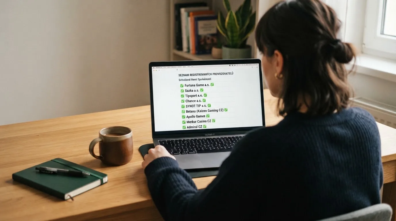 Úřední dokument s razítkem Ministerstva financí ČR vedle obrazovky zobrazující seznam licencovaných online casin