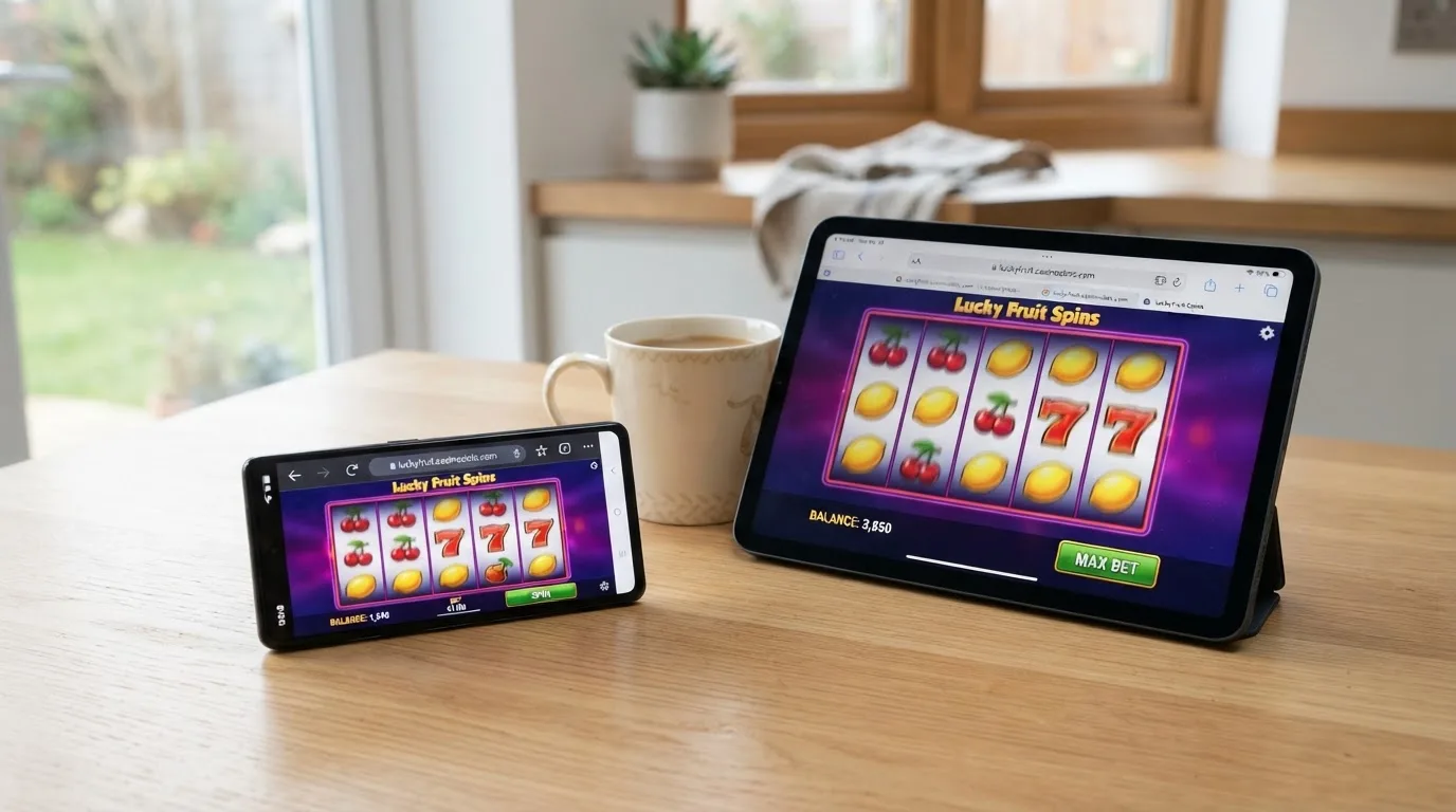 Chytrý telefon s roztočeným automatem v prohlížeči, vedle něj tablet se stejnou hrou — oba bez instalace