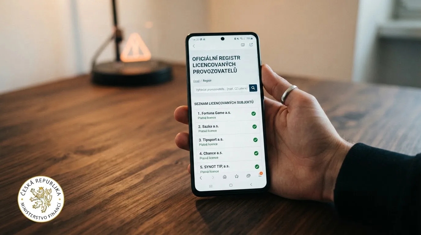 Detail mobilního telefonu s otevřeným Seznamem provozovatelů ZHH na displeji, vedle ikona Ministerstva financí ČR, v pozadí varovný piktogram