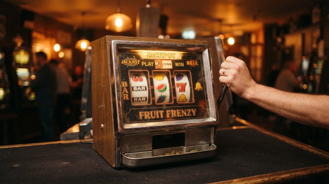 Výběr pěti ovocných automatů vedle sebe — třešně, citrony, melouny, hrozny a sedmičky na válcích v retro stylu