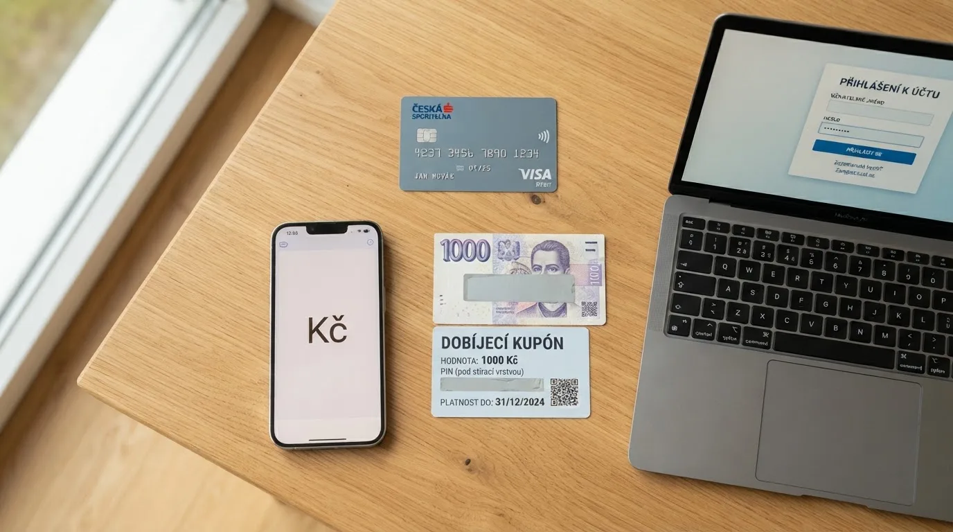 Rozložené platební prostředky na stole — Paysafecard karta, mobil s aplikací Bitcoin peněženky, platební karta Visa a přihlašovací obrazovka Skrill.