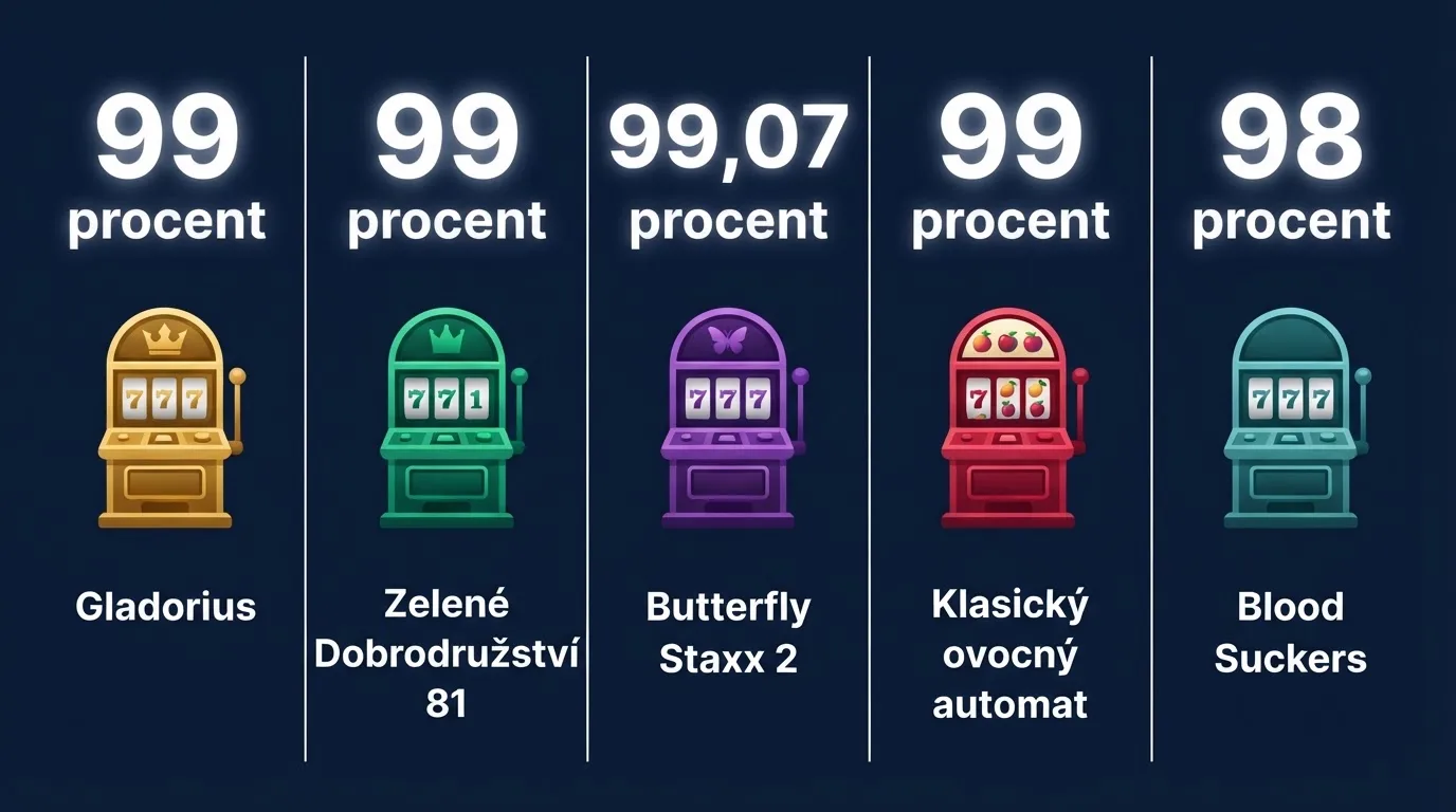 Koláž pěti nejvýhernějších automatů na českém trhu — Gladorius, Butterfly Staxx 2, Zelené Dobrodružství 81, Mega Joker a Blood Suckers — s jejich RTP hodnotami nad každým logem