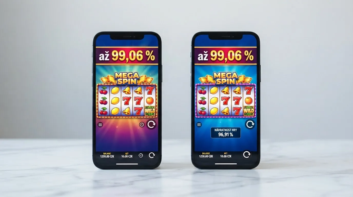 Dva mobily vedle sebe — na levém stejný automat Dazzle Me s nápisem „až 99,06 %“, na pravém tentýž automat s reálnou hodnotou 96,91 % vytaženou z nastavení provozovatele