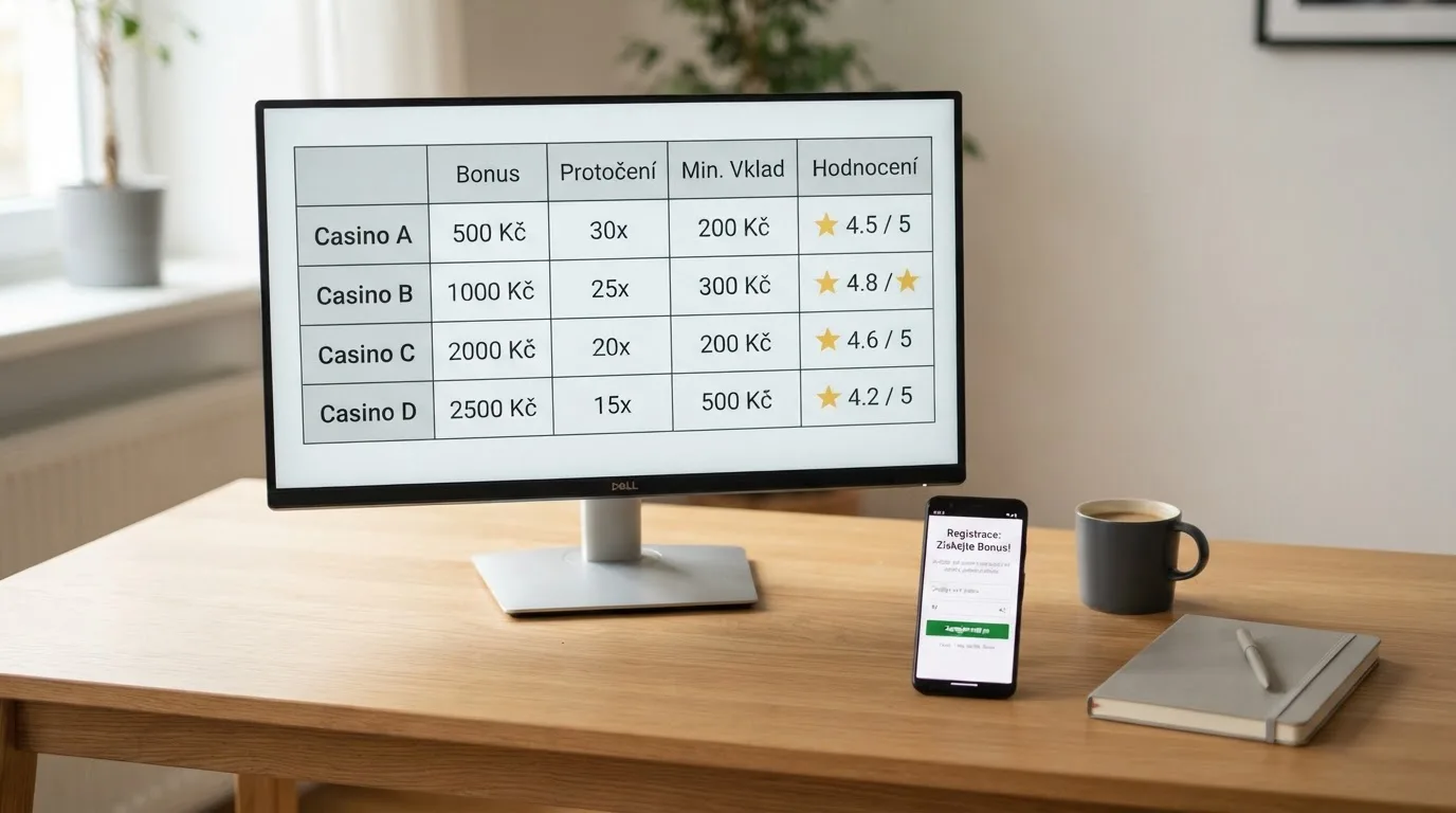 Monitor zobrazující srovnání bonusů bez vkladu v přehledné tabulce, vedle něj leží mobilní telefon s otevřenou stránkou registrace