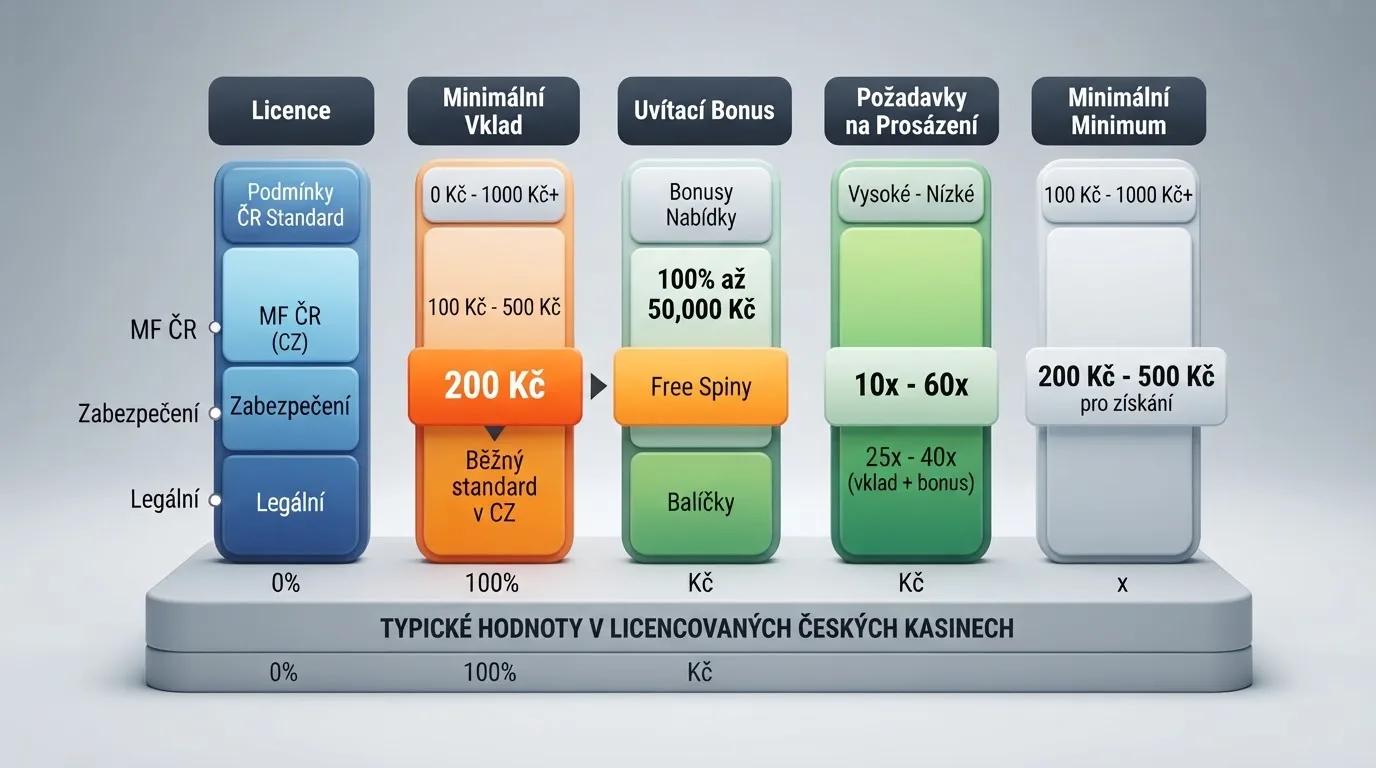 Srovnávací tabulka deseti českých online casin se zvýrazněnými sloupci minimálního vkladu a uvítacího bonusu
