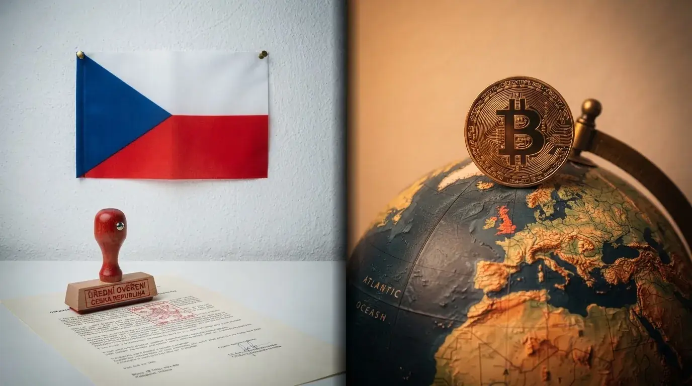 Rozdělená obrazovka — vlevo česká vlajka a razítko licence, vpravo bitcoin a mapa světa