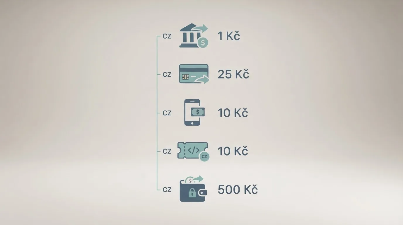 Přehledná infografika zobrazující platební metody seřazené podle výše minima – od bankovního převodu po Paysafecard
