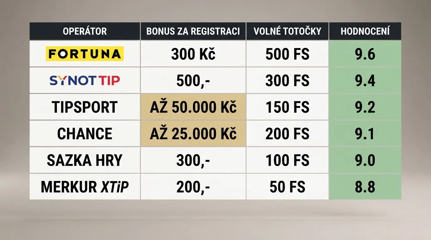 Přehledná tabulka srovnávající registrační bonusy českých online kasin