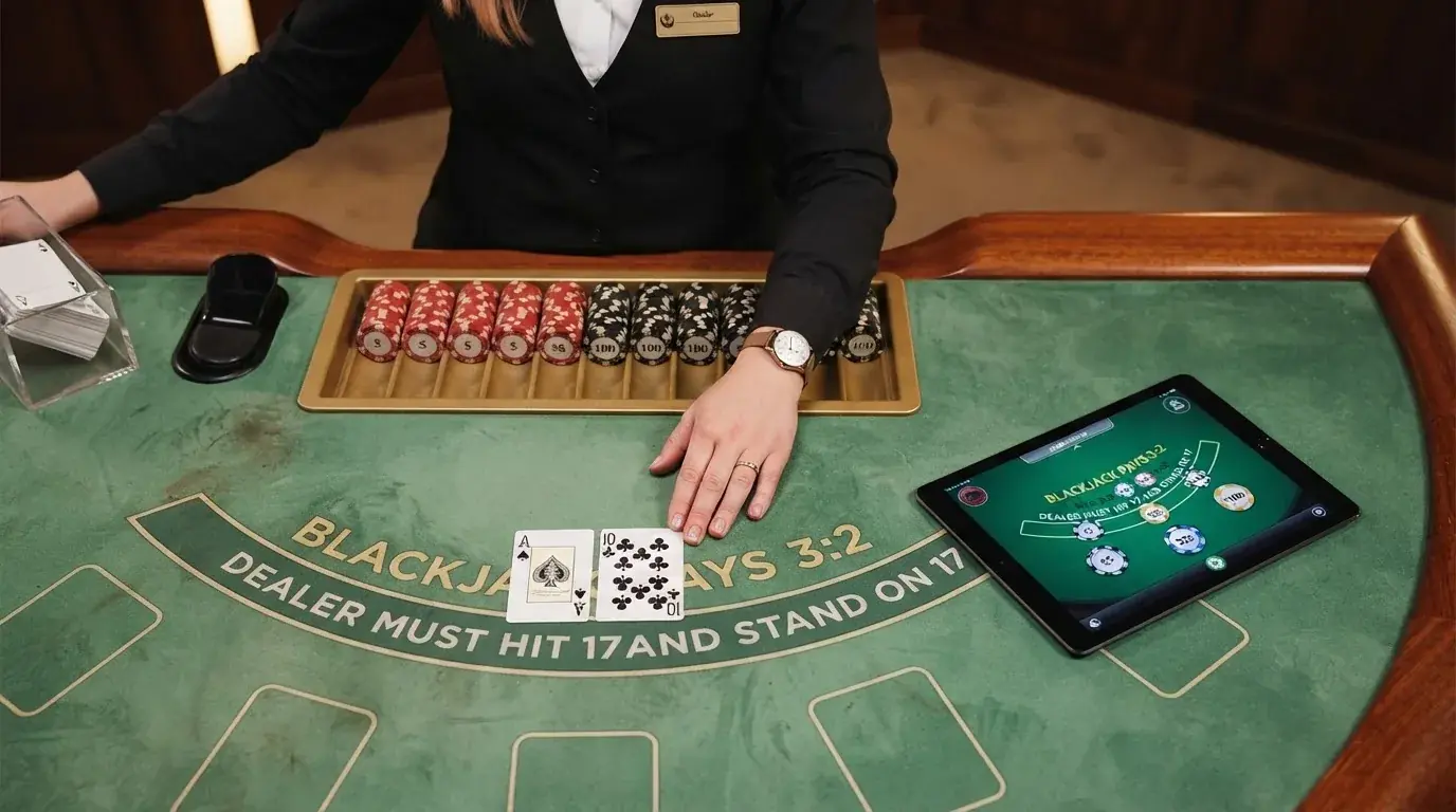 Detail blackjackového stolu s krupiérem, kartami a sázecím rozhraním na obrazovce