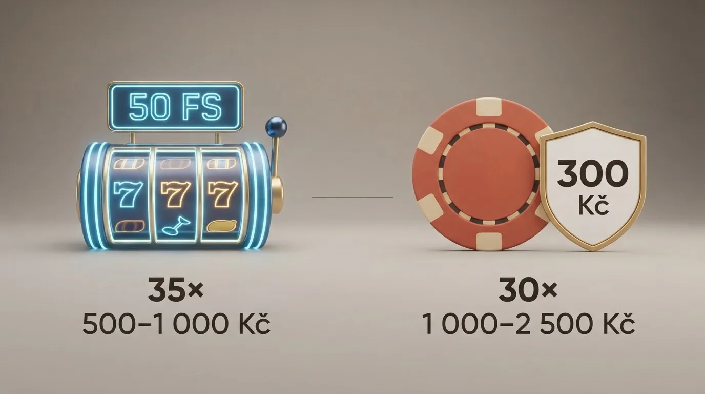 Vedle sebe: vizualizace free spinů (válec automatu s počítadlem 50 FS) a kreditu bez vkladu (bankovka 300 Kč s řetězem symbolizujícím protočení)