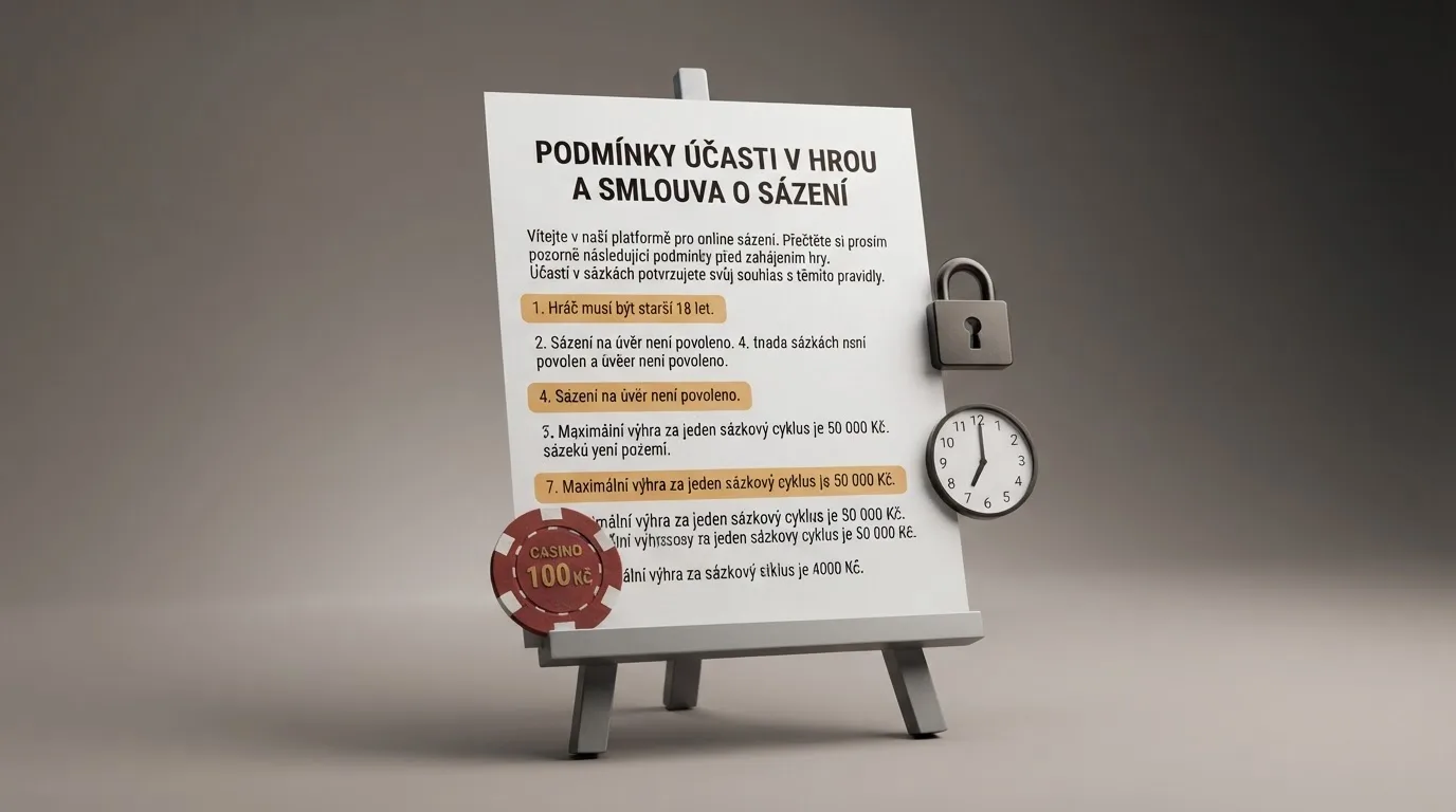 Detail podmínek registračního bonusu — zvýrazněné sázkové požadavky, časové limity a omezení výher